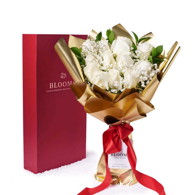 Valentine's Day 12 Stem White Rose Bouquet With Designer Box, Connecticut Flower Delivery, Valentine's Day gifts, roses.