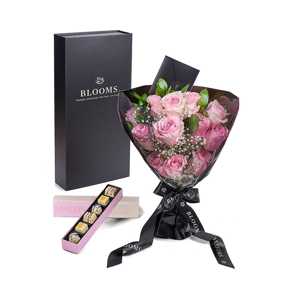 Valentine's Day Dozen Pink Rose Bouquet With Box &amp; Chocolate, Connecticut Flower Delivery, Valentine's Day gifts, bouquets, pink roses.