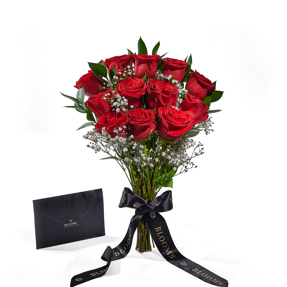 Red Rose and Salal Valentine's Bouquet – how the gift is presented