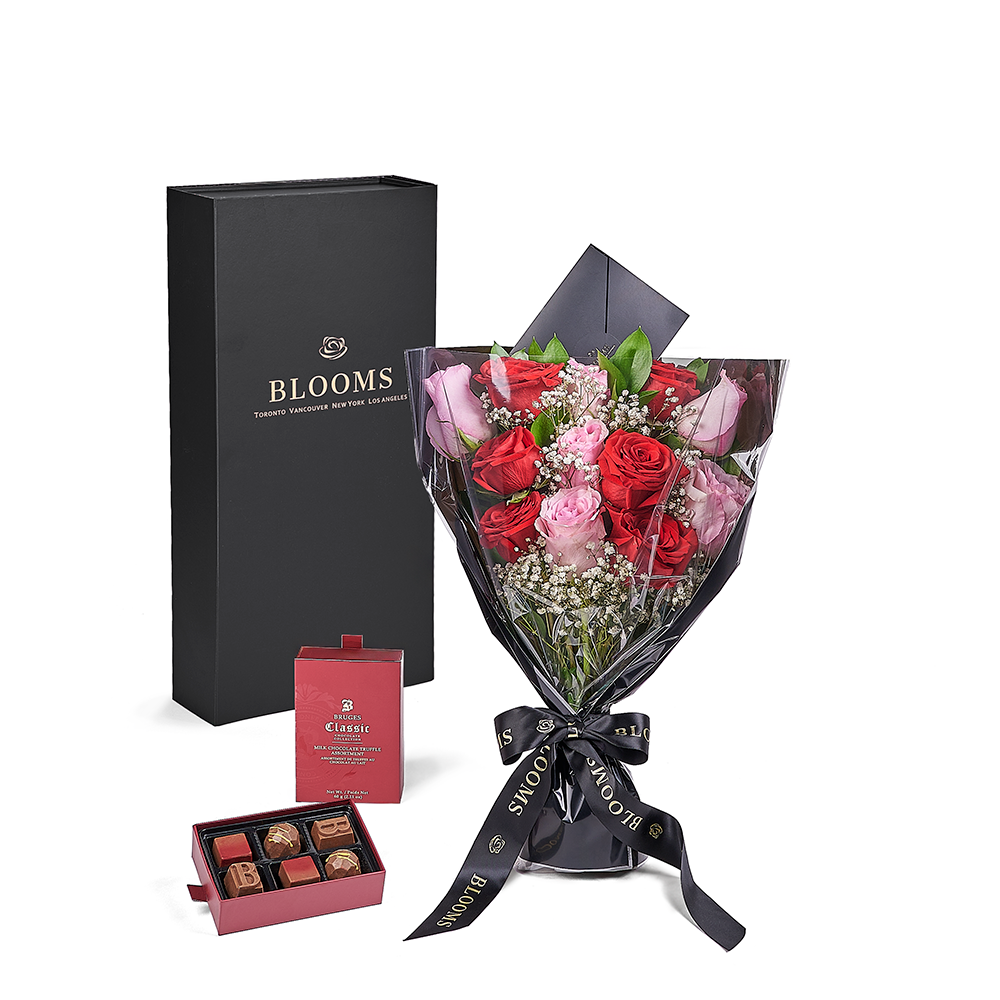 Valentine’s Day Dozen Red &amp; Pink Rose Bouquet With Box &amp; Chocolate, Connecticut Flower Delivery, Valentine's Day gifts