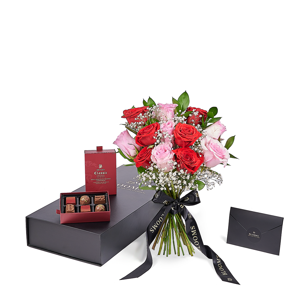 Valentine’s Day Dozen Red & Pink Rose Bouquet With Box & Chocolate, Connecticut Flower Delivery, Valentine's Day gifts