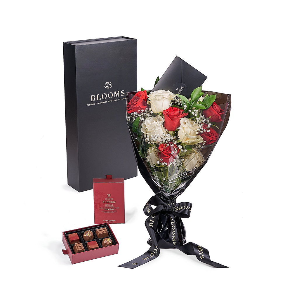Valentine’s Day Dozen Red &amp; White Rose Bouquet With Box &amp; Chocolate, Valentine's Day gifts, Connecticut Flower Delivery, roses