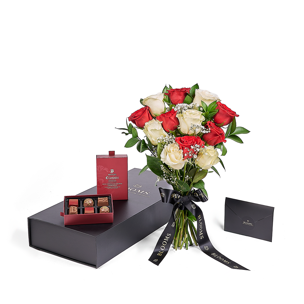 Valentine’s Day Dozen Red & White Rose Bouquet With Box & Chocolate, Valentine's Day gifts, Connecticut Flower Delivery, roses
