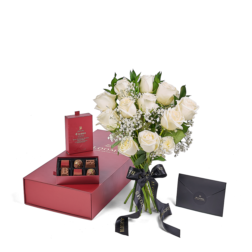 Valentine’s Day Dozen White Rose Bouquet With Box & Chocolate, Valentine's Day gifts, roses, chocolate gifts, Connecticut Flower Delivery