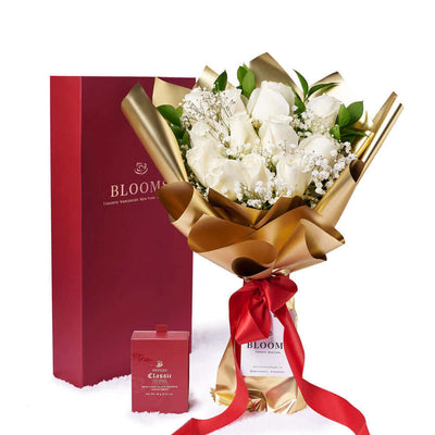 Valentine’s Day Dozen White Rose Bouquet With Box & Chocolate, Valentine's Day gifts, roses, chocolate gifts, Connecticut Flower Delivery