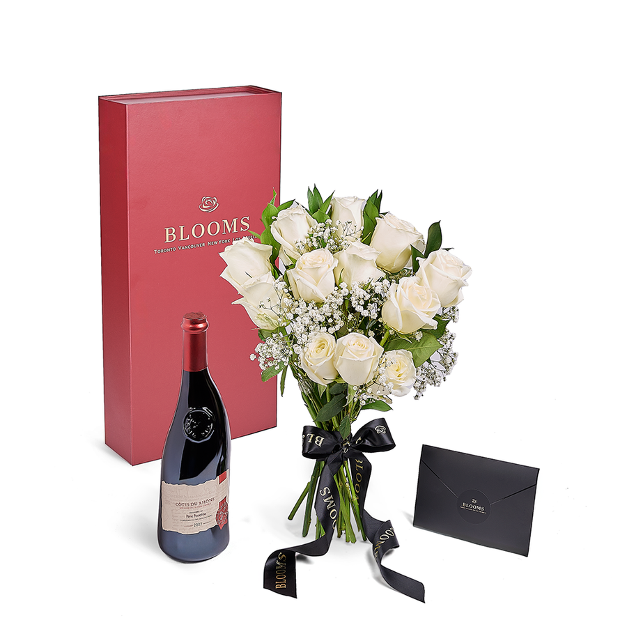 Valentine's Day Dozen White Rose Bouquet With Box & Wine, Connecticut Flower Delivery, flower gifts, Valentine's Day gifts, wine gifts