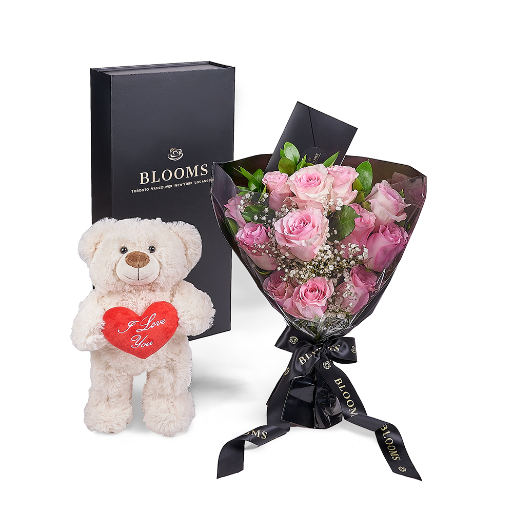 Valentine's Day 12 Stem Pink Rose Bouquet With Box & Bear, Valentine's Day gifts, Connecticut Flower Delivery, plush gifts
