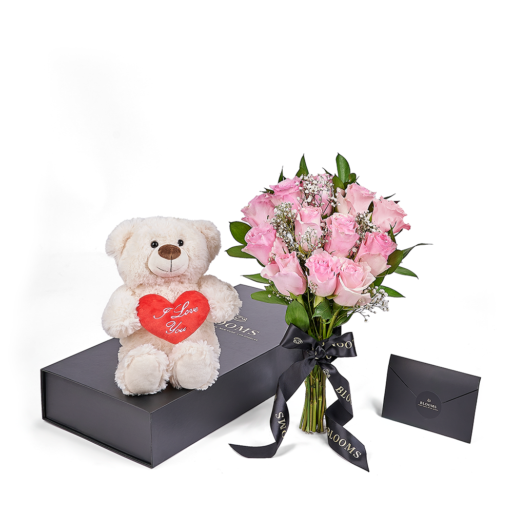 Valentine's Day 12 Stem Pink Rose Bouquet With Box & Bear, Valentine's Day gifts, Connecticut Flower Delivery, plush gifts