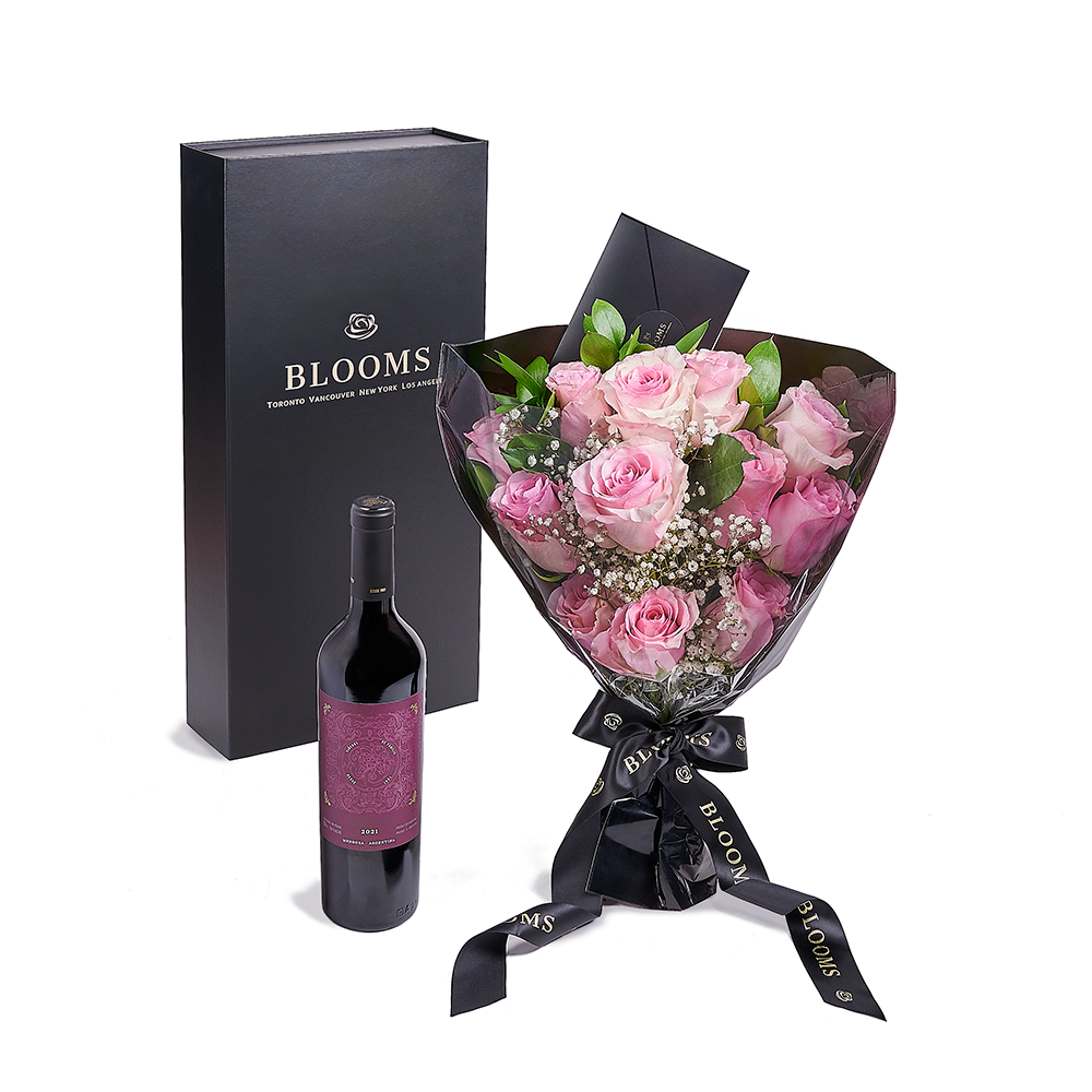 Valentine's Day 12 Stem Pink Rose Bouquet With Box &amp; Wine, Connecticut Flower Delivery, Valentine's Day gifts, rose gifts, pink roses, wine gifts