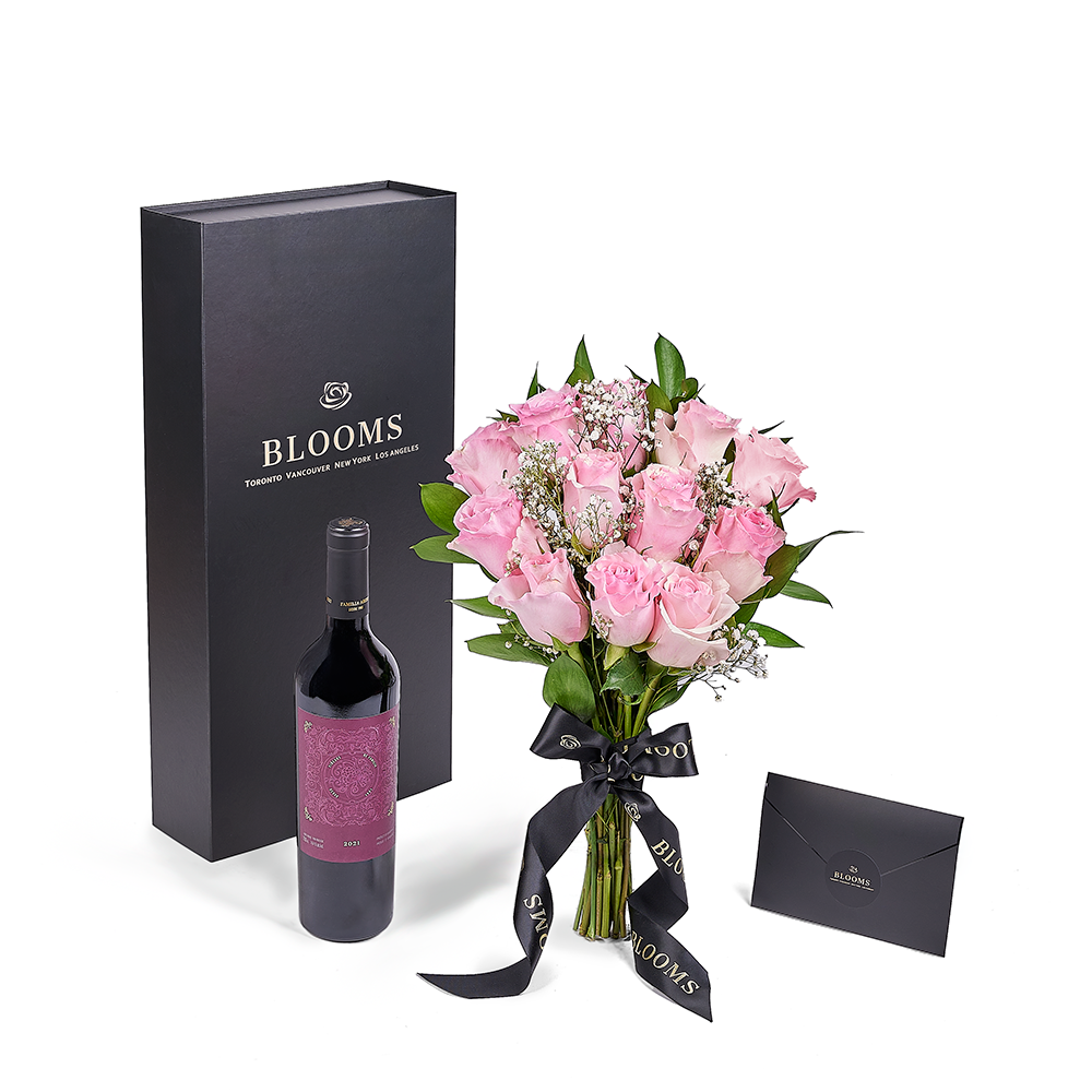 Valentine's Day 12 Stem Pink Rose Bouquet With Box & Wine, Connecticut Flower Delivery, Valentine's Day gifts, rose gifts, pink roses, wine gifts