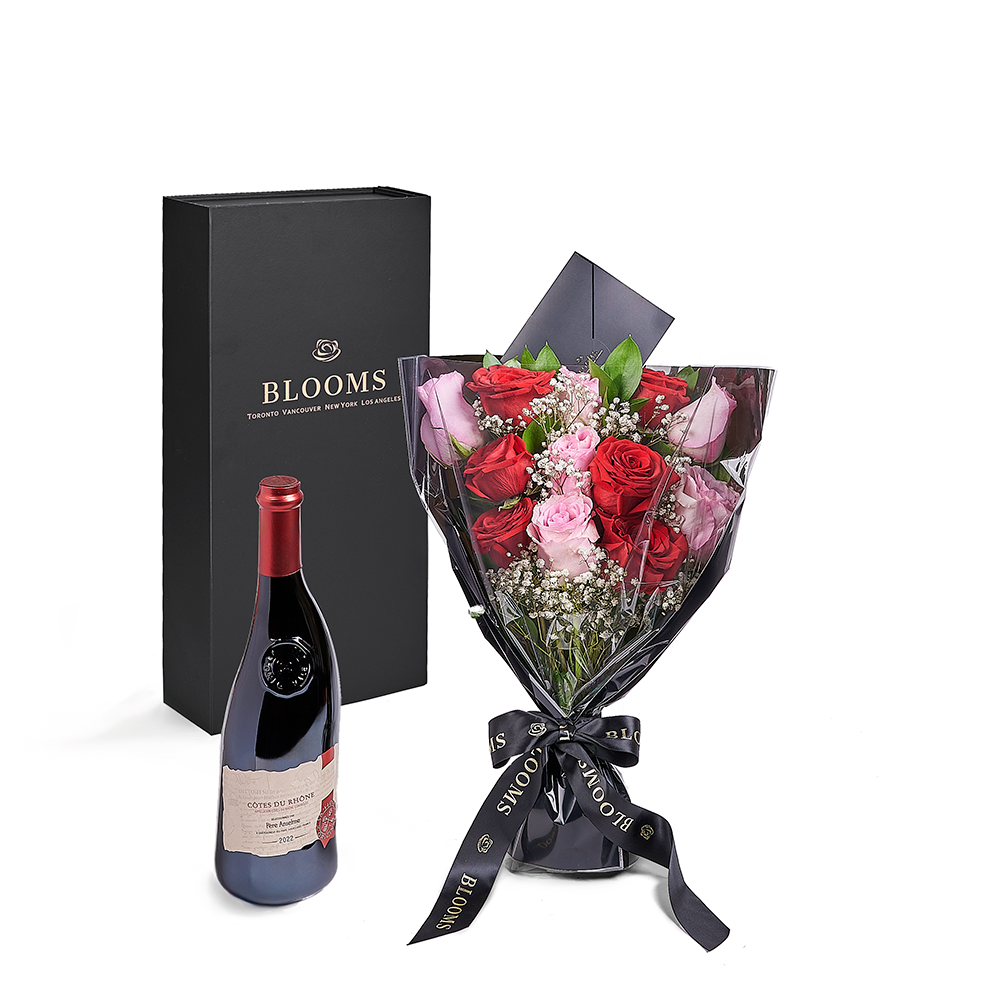 Valentines Day 12 Stem Red &amp; Pink Rose Bouquet With Box &amp; Wine, Connecticut Flower Delivery, Valentine's Day gifts
