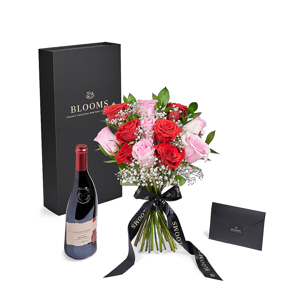 12 Red and Pink Roses in Designer Box Bouquet with Wine for Valentine's – how the gift is presented