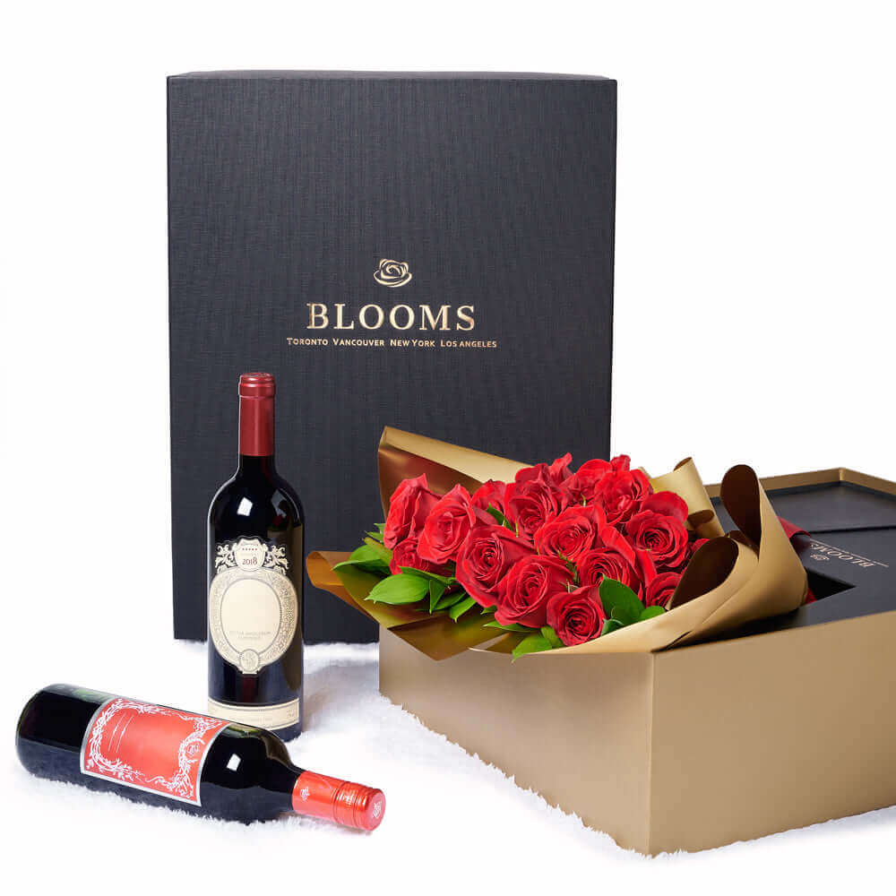 Valentine's Day 18 Stem Red Roses With Chocolate & Wine, Connecticut Flower Delivery