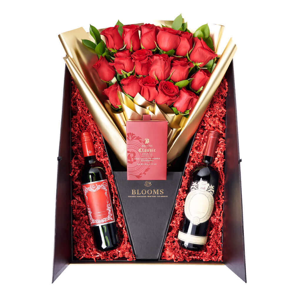 Valentine's Day 18 Stem Red Roses With Chocolate & Wine, Connecticut Flower Delivery