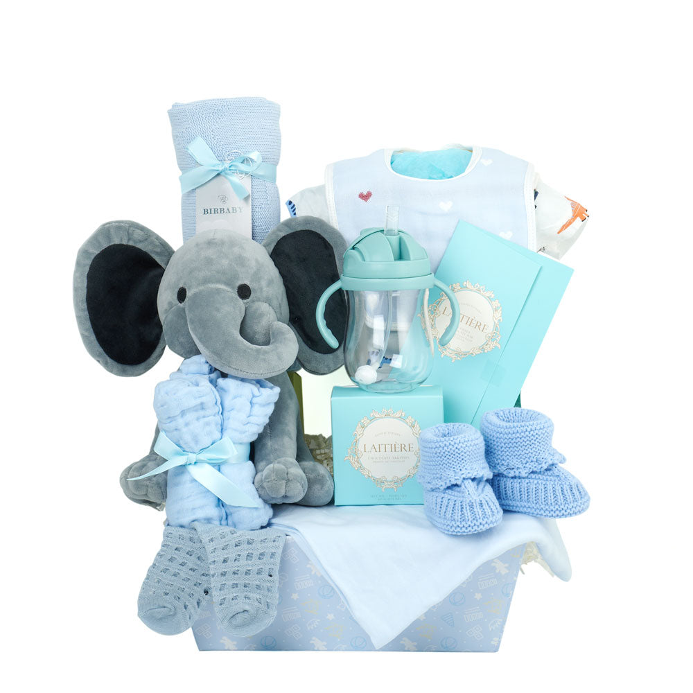 Baby Boy Blue Elephant Basket – how the gift is presented
