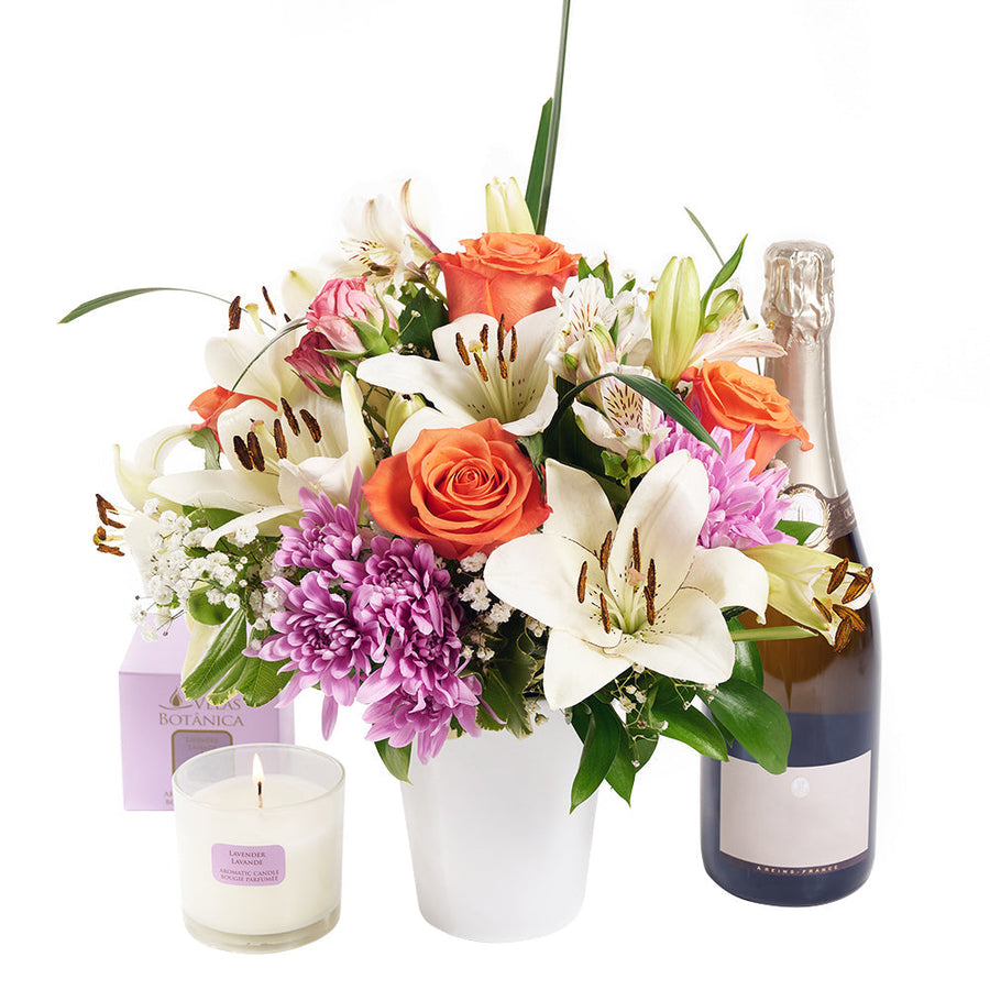 Beautifully Fragrant Flowers & Champagne Gift - Flower Gift Basket - Connecticut Delivery