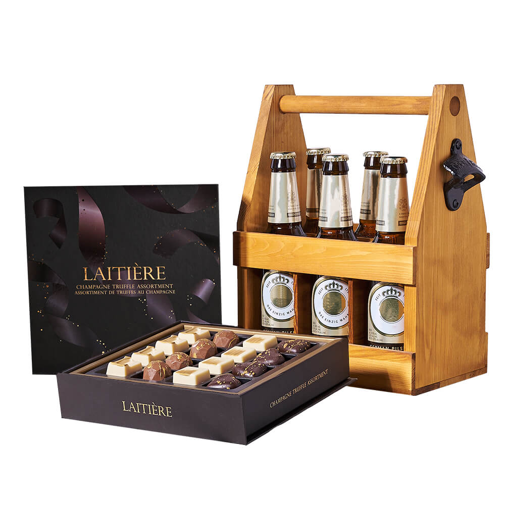 Graduation Beer Gift Set in Wooden Carrier with Chocolate Truffles – how the gift is presented