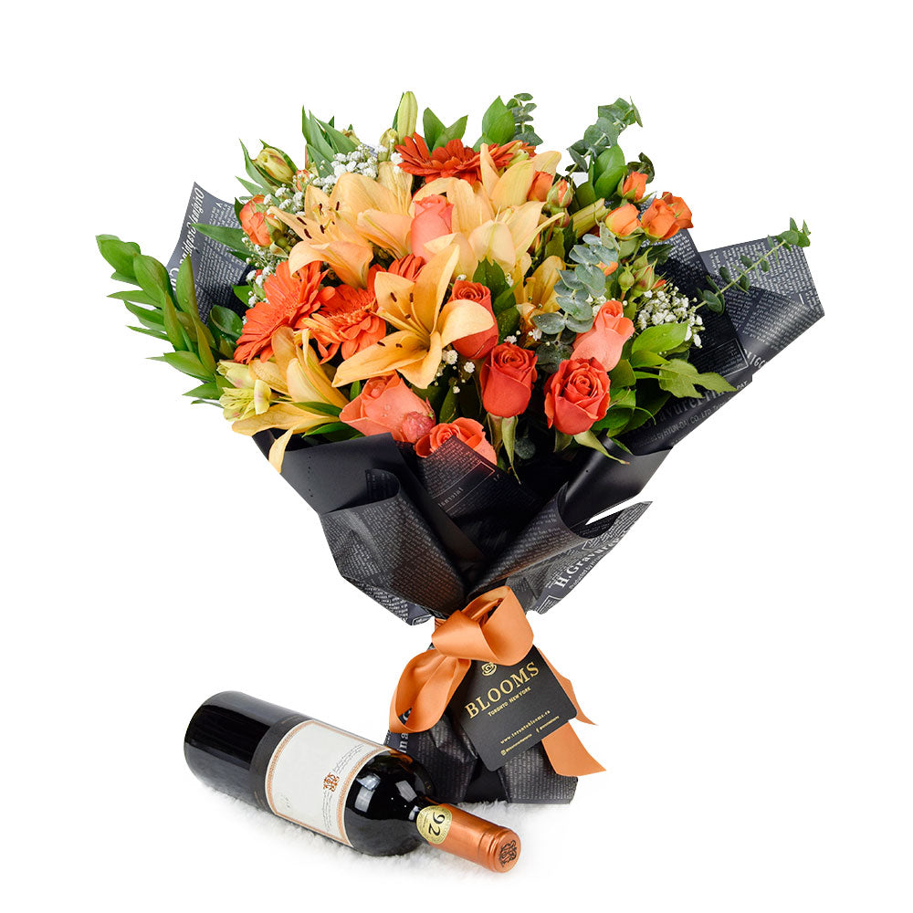 Beyond Brilliant Mixed Floral Arrangement Wine Gift - Flower &amp; Wine Gift Basket - Connecticut Delivery