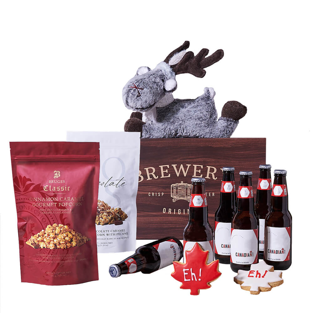Canada Day Beer Gift Basket with Gourmet Popcorn and Maple Leaf Cookies – how the gift is presented