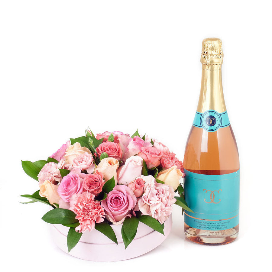 Simple Celebration Flowers & Champagne Gift - Mixed Floral Hat Box and Sparkling Wine Gift - Connecticut Day