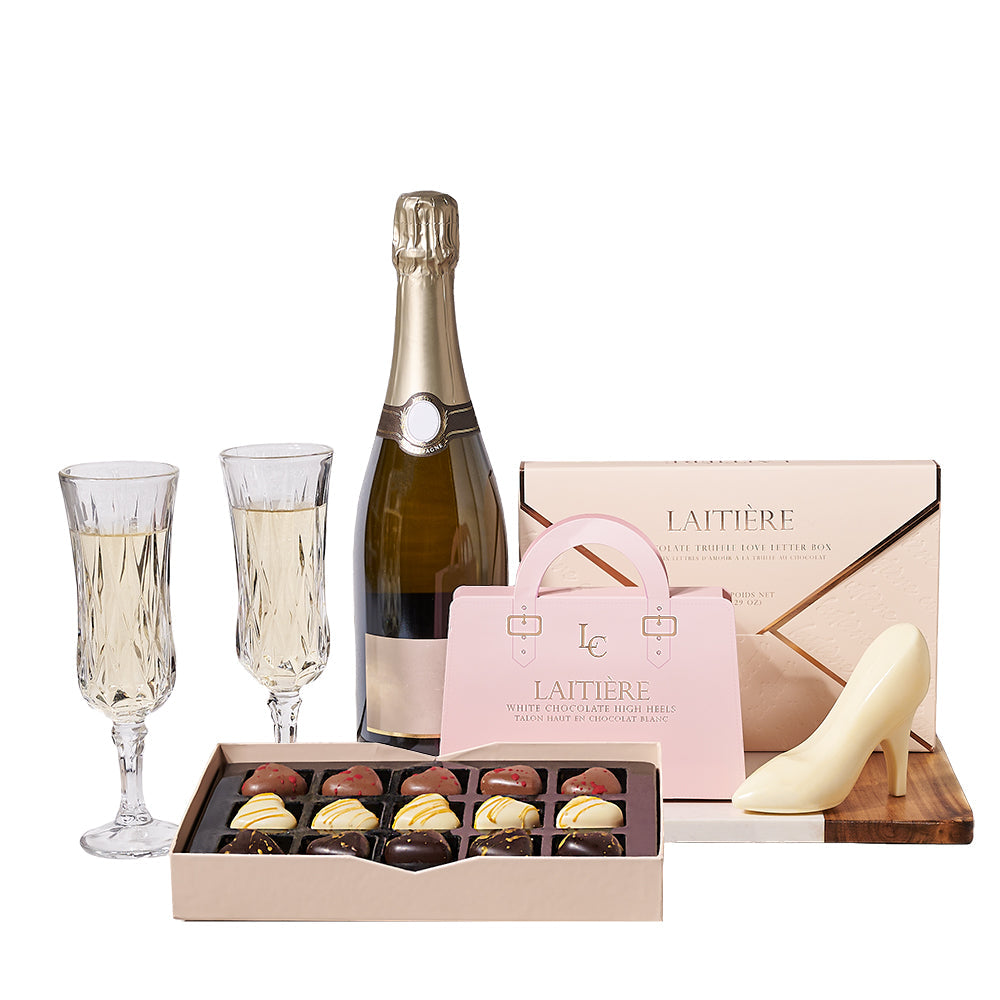 Gourmet Sparkling Wine Set with Love Letter Box and Two Flutes – how the gift is presented
