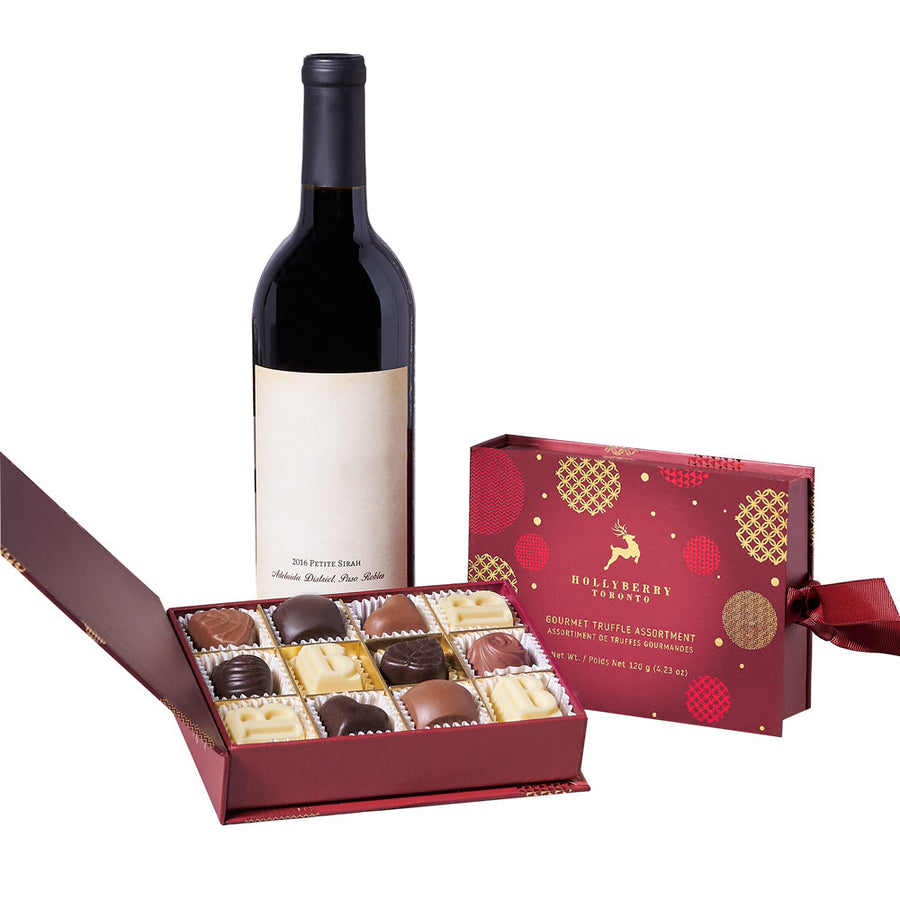Christmas Wine & Chocolate Gift Set, Gourmet Gift Baskets, Wine Gift Baskets, Christmas Gift Baskets, Xmas Gifts, Truffles, Wine, Connecticut Delivery