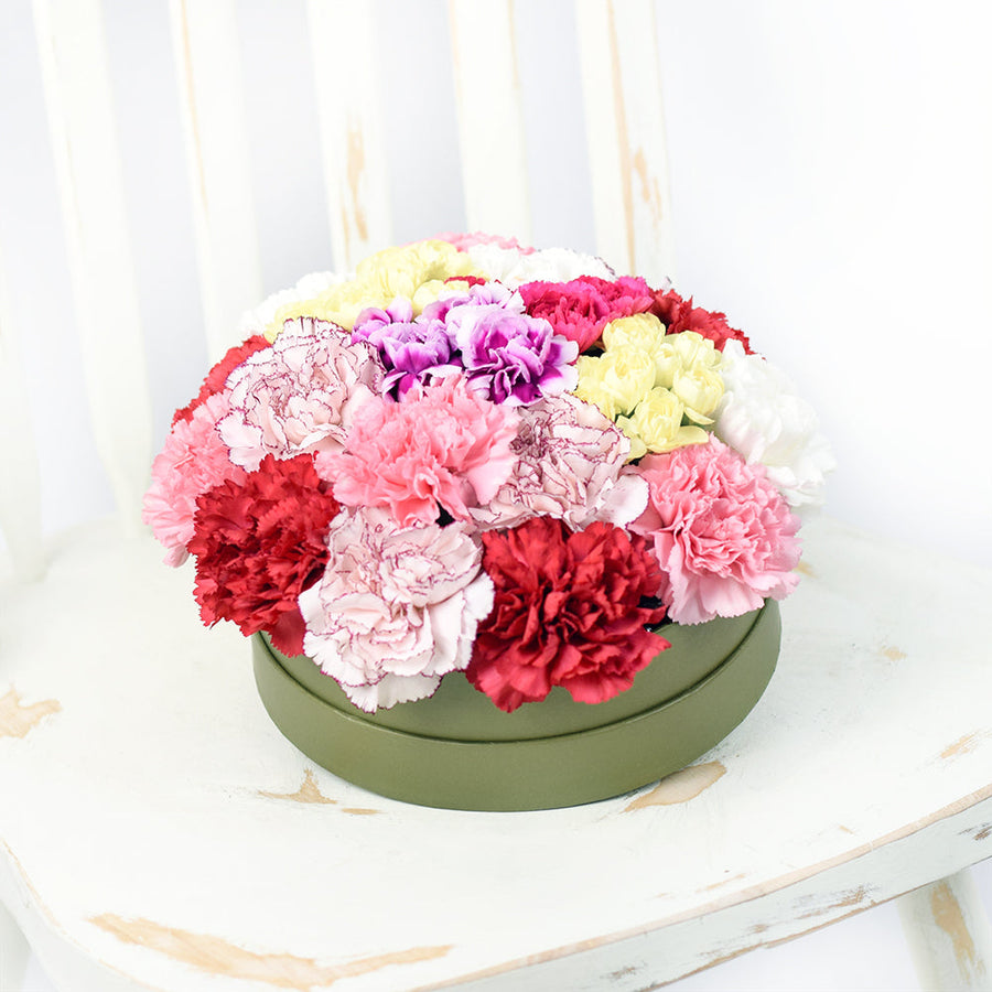 Colourful Radiance Flower Box Set - Carnation Flower Hat Box - Connecticut Delivery
