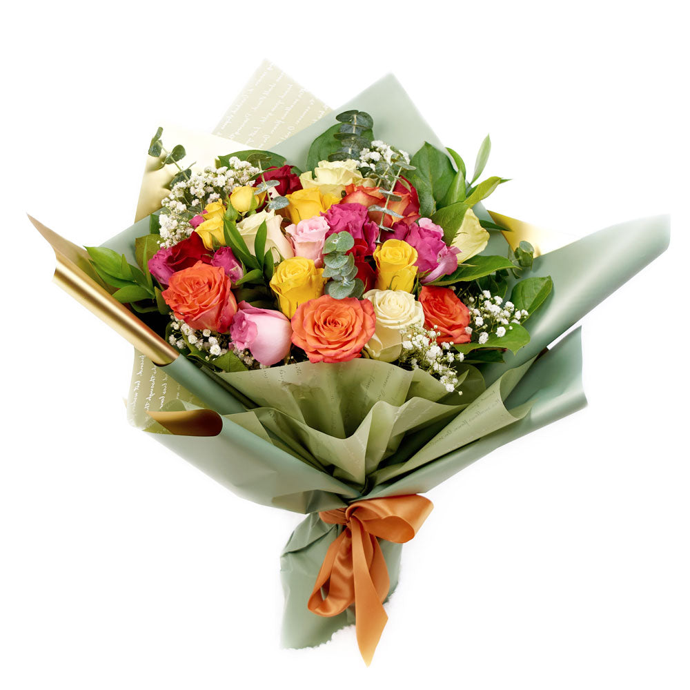 Joyous Celebration Multicolored Rose Bouquet with Baby's Breath and Eucalyptus – how the gift is presented