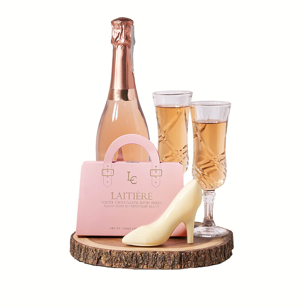 Live-Edge Board Sparkling Wine Gift with Laitière White Chocolate and Flutes – how the gift is presented