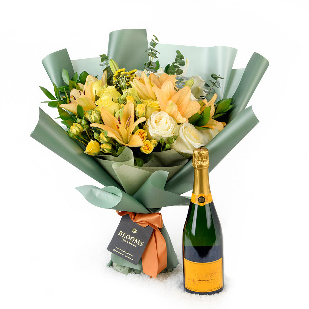 Floral Sunrise Mixed Bouquet & Champagne - Flower Gift Basket - Connecticut Delivery