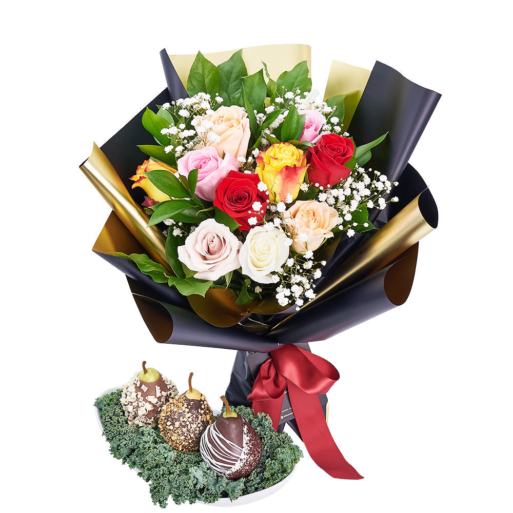 Fragrant &amp; Fresh Floral Gourmet Gift Set - Dipped Chocolate Pears, Mixed Roses Gift - Connecticut Delivery