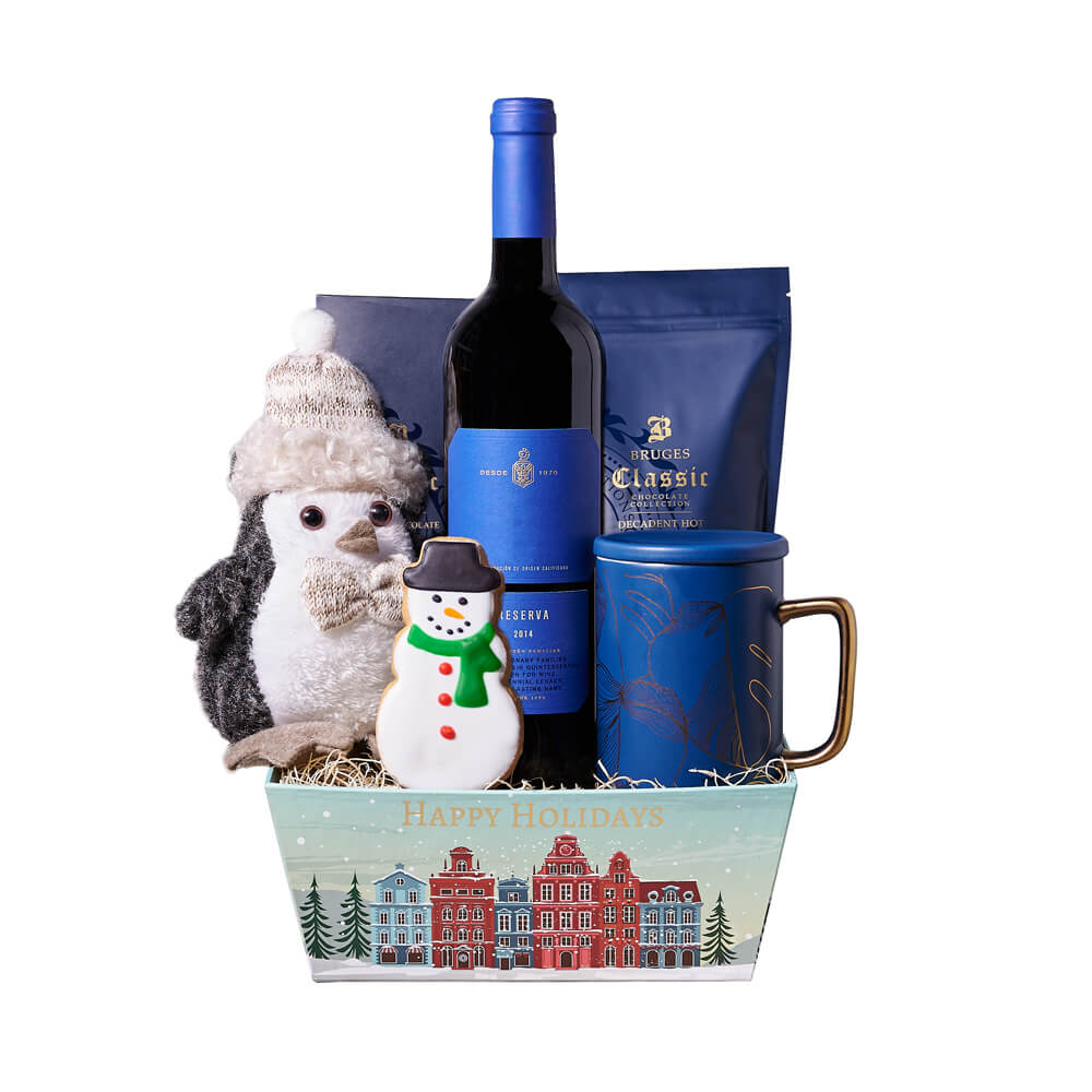 Holiday Penguin &amp; Hot Cocoa Gift Basket, wine gift, wine, christmas gift, christmas, holiday gift, holiday, gourmet gift, gourmet