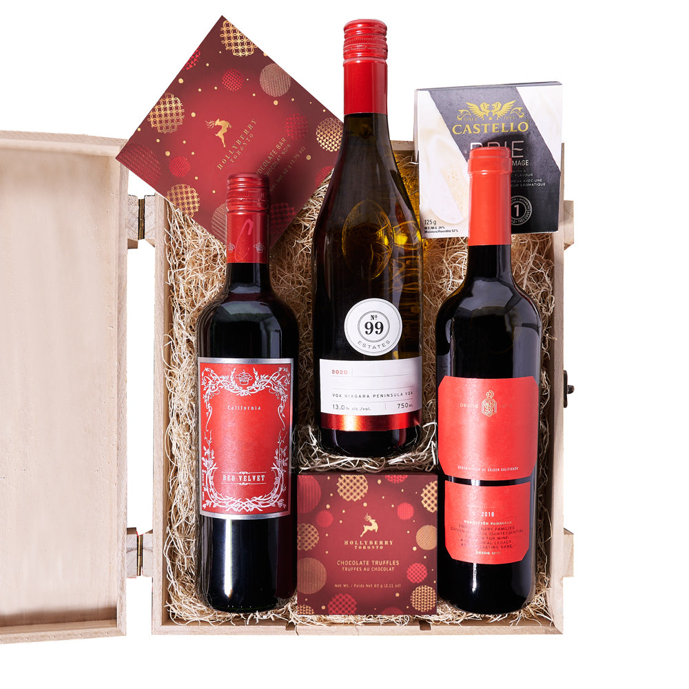 Holiday Wine Trio & Treat Gift Box,  candy, chocolate, chocolate bar,  christmas,  Christmas Cookie,  Christmas set,  gourmet,  wine,  wooden box, christmas Wine Trio, Wine Box Trio delivery
