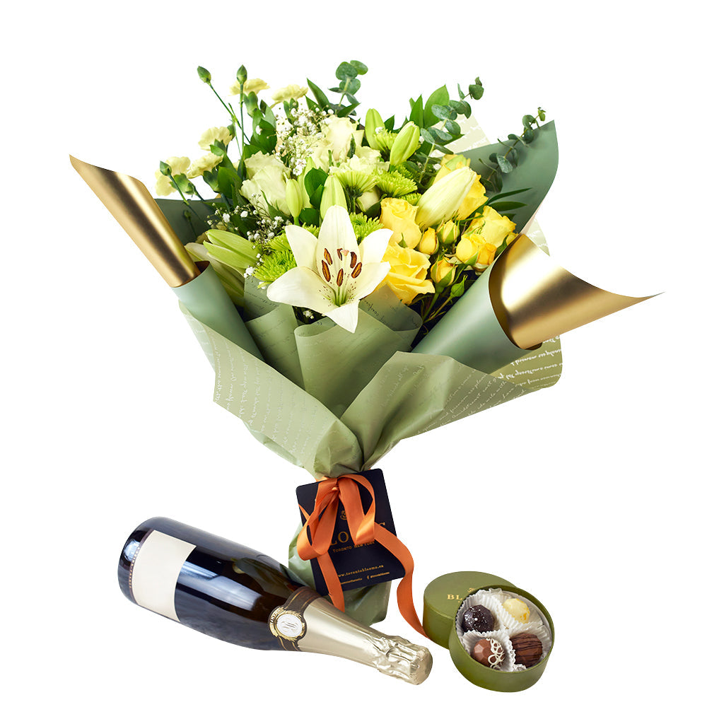 Joyful Renditions Floral Arrangement & Gift Set - Wine Gift Set - Connecticut Delivery
