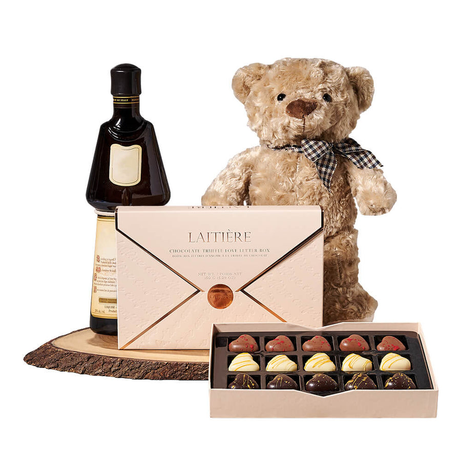 Liquor & Teddy Chocolate Gift, chocolate gift, chocolate, liquor gift, liquor, gourmet gift, gourmet, teddy bear gift, teddy bear, plush gift, plush. Connecticut Delivery