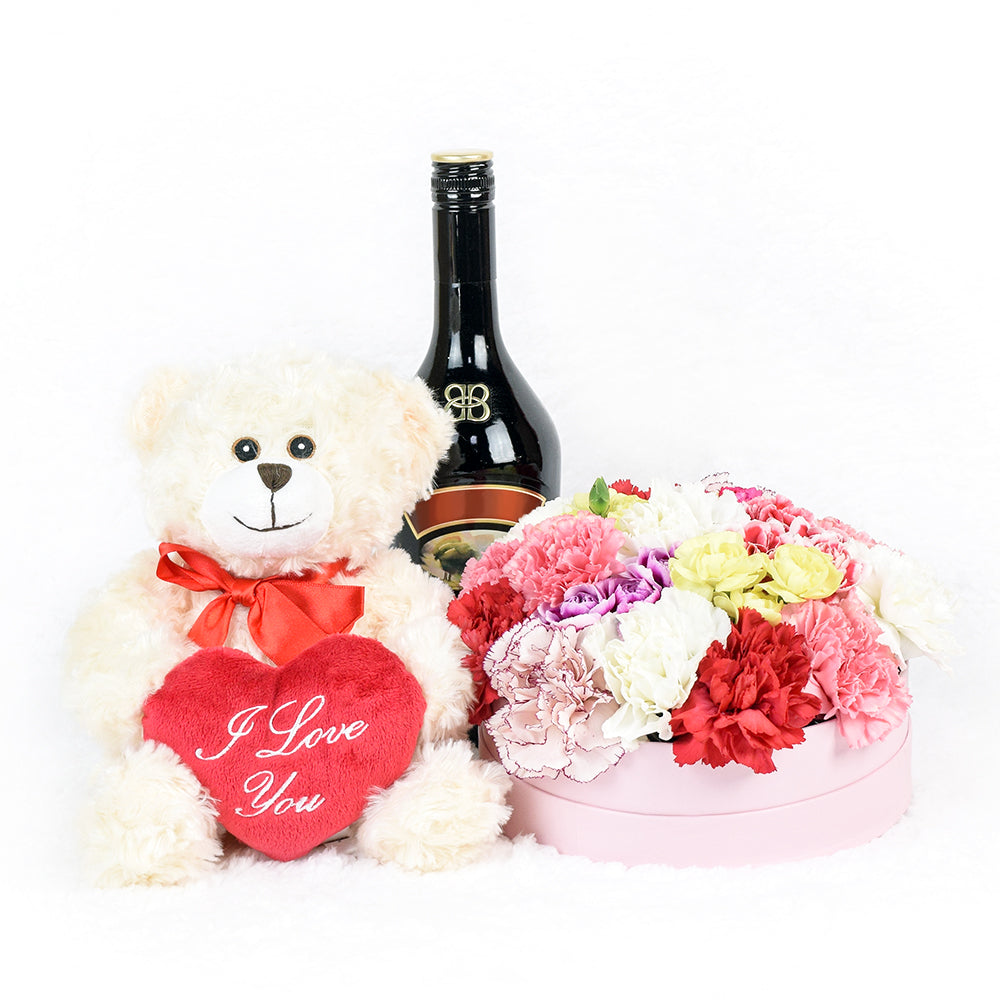Carnation Hat Box Arragement With Spirits and plush. Connecticut Delivery