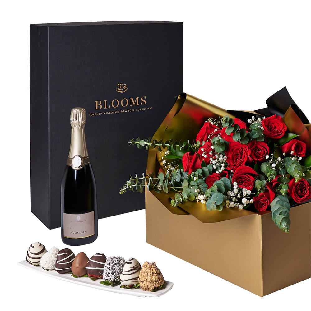 Red Roses and Sparkling Wine Gift Box with Chocolate-Covered Strawberries – how the gift is presented