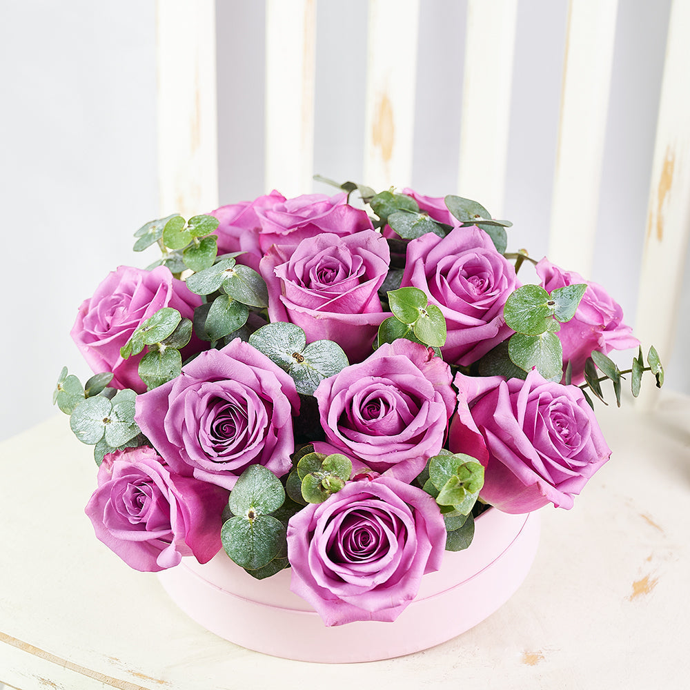 Purple Roses with Eucalyptus Luxury Hat Box Gift – how the gift is presented