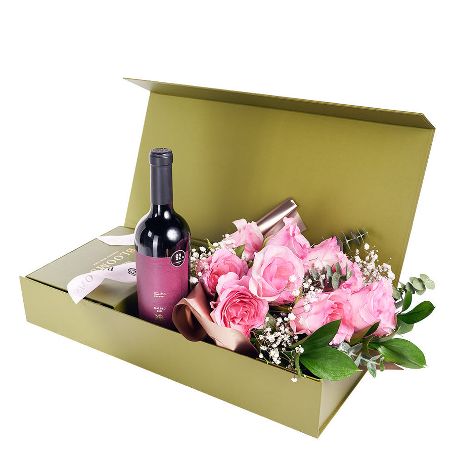 Mother’s Day 12 Stem Pink Rose Bouquet with Box & Wine – Mother’s Day Gifts – Connecticut delivery