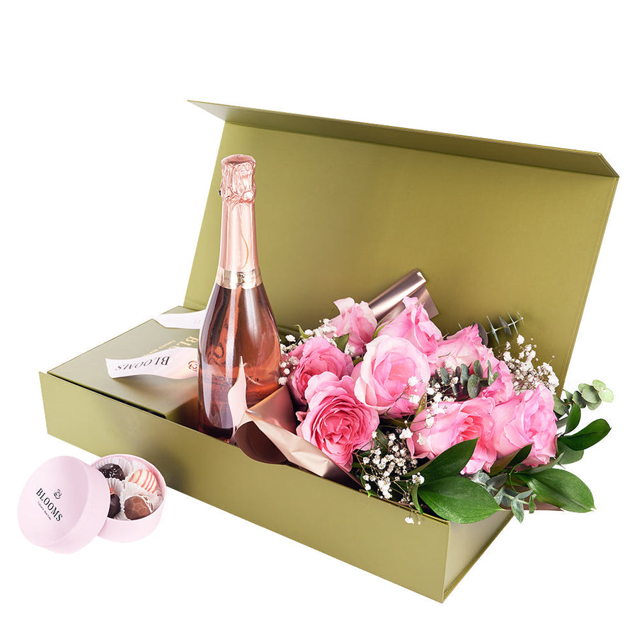 Mother’s Day Dozen Pink Rose Bouquet with Box, Champagne, & Chocolate – Mother’s Day Gifts– Connecticut delivery