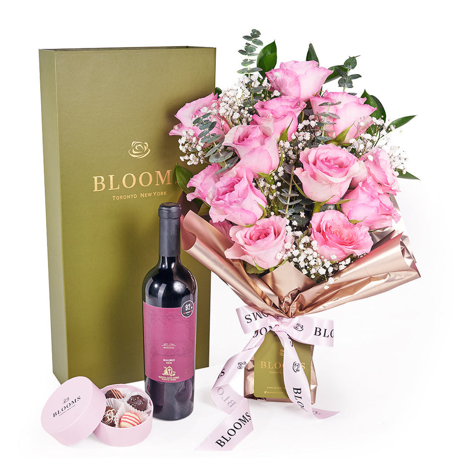 Mother’s Day Dozen Pink Rose Bouquet with Box, Wine, & Chocolate – Mother’s Day Gifts – Connecticut delivery