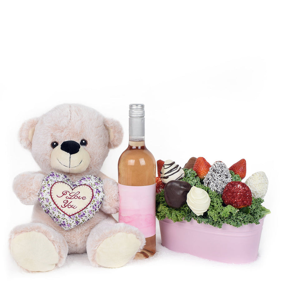 Mother’s Day Pink Wine, Bear & Chocolate Covered Strawberry Gift Tin – Mother’s Day Gifts – Connecticut delivery