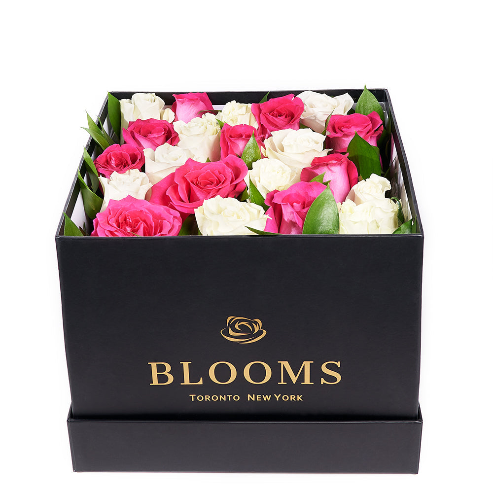 Chic Pink & White Rose Floral Gift for Mother's Day in Square Hat Box – how the gift is presented