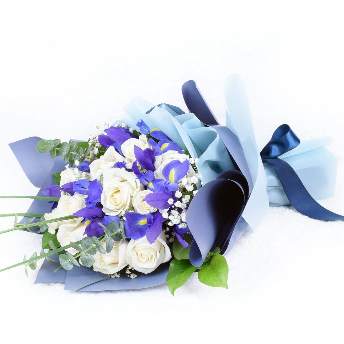 Muted Grace Mixed Floral Bouquet - White Roses and Iris. Connecticut Delivery