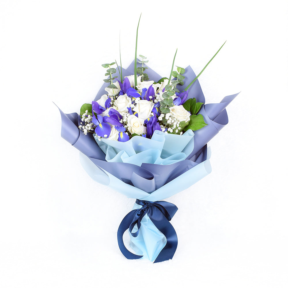 Muted Grace Mixed Floral Bouquet - White Roses and Iris. Connecticut Delivery