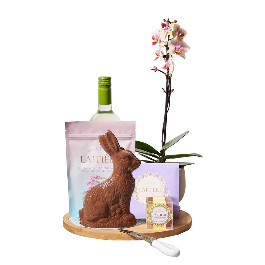Orchid & Wine Easter Gift, orchid gift, orchid, plant gift, plant, easter gift, easter, wine gift, wine, chocolate gift, chocolate. Connecticut Delivery