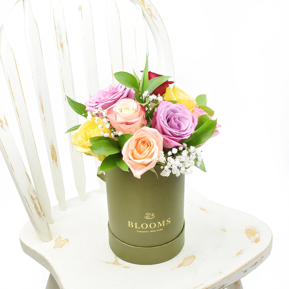 Rainbow Essence Rose Gift from Connecticut Blooms - Mixed Flower Hat Box - Connecticut Delivery.