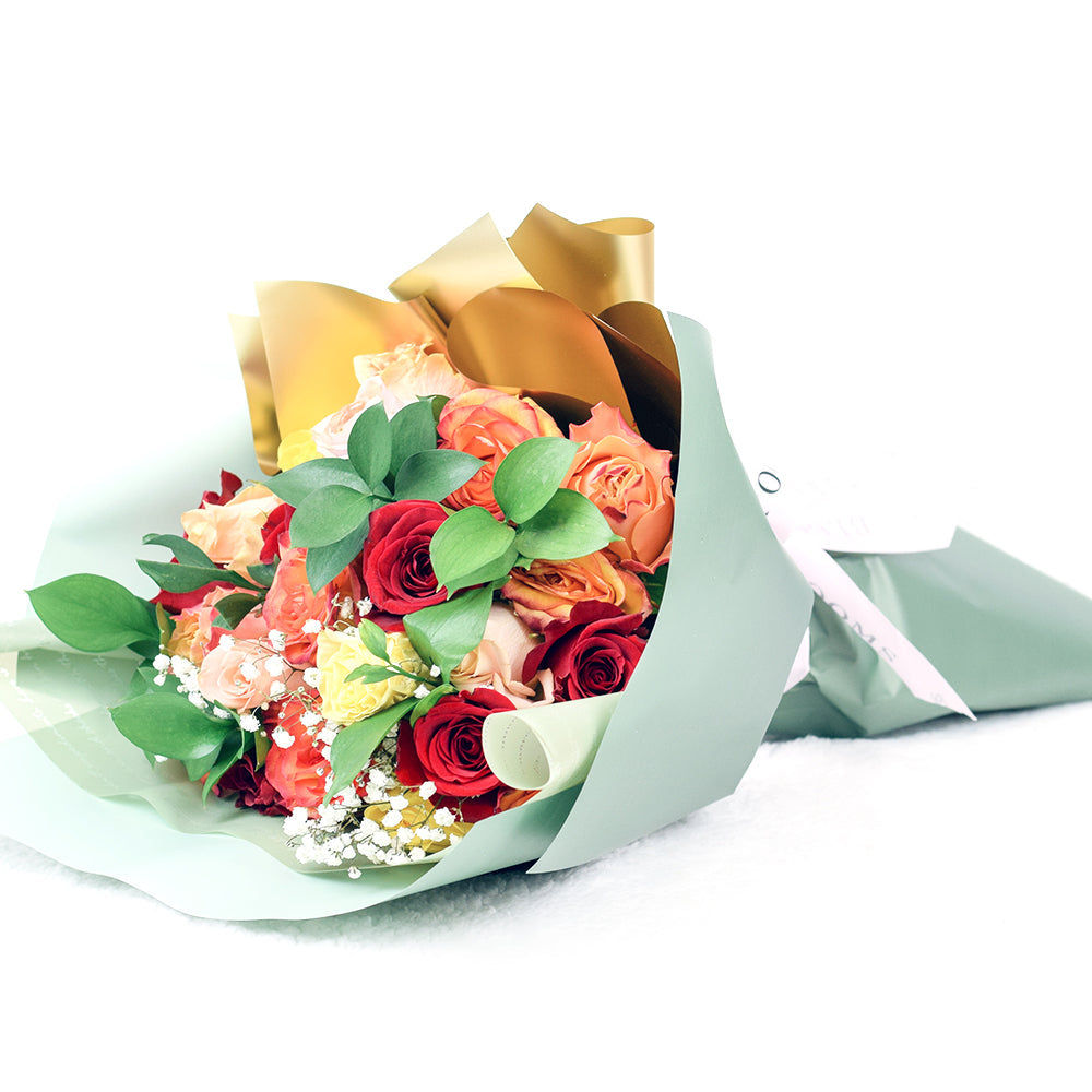 Bouquet with red, orange and yellow roses. Baby's breath and ruscus. Connecticut Delivery