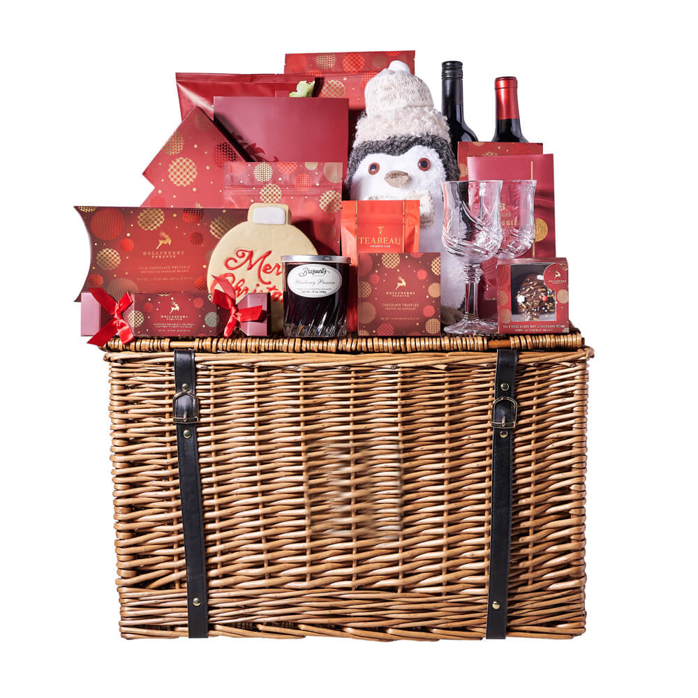 Season's Greetings Wine Gift Basket, christmas gift, christmas, holiday gift, holiday, gourmet gift, gourmet, chocolate gift, chocolate. Connecticut Delivery