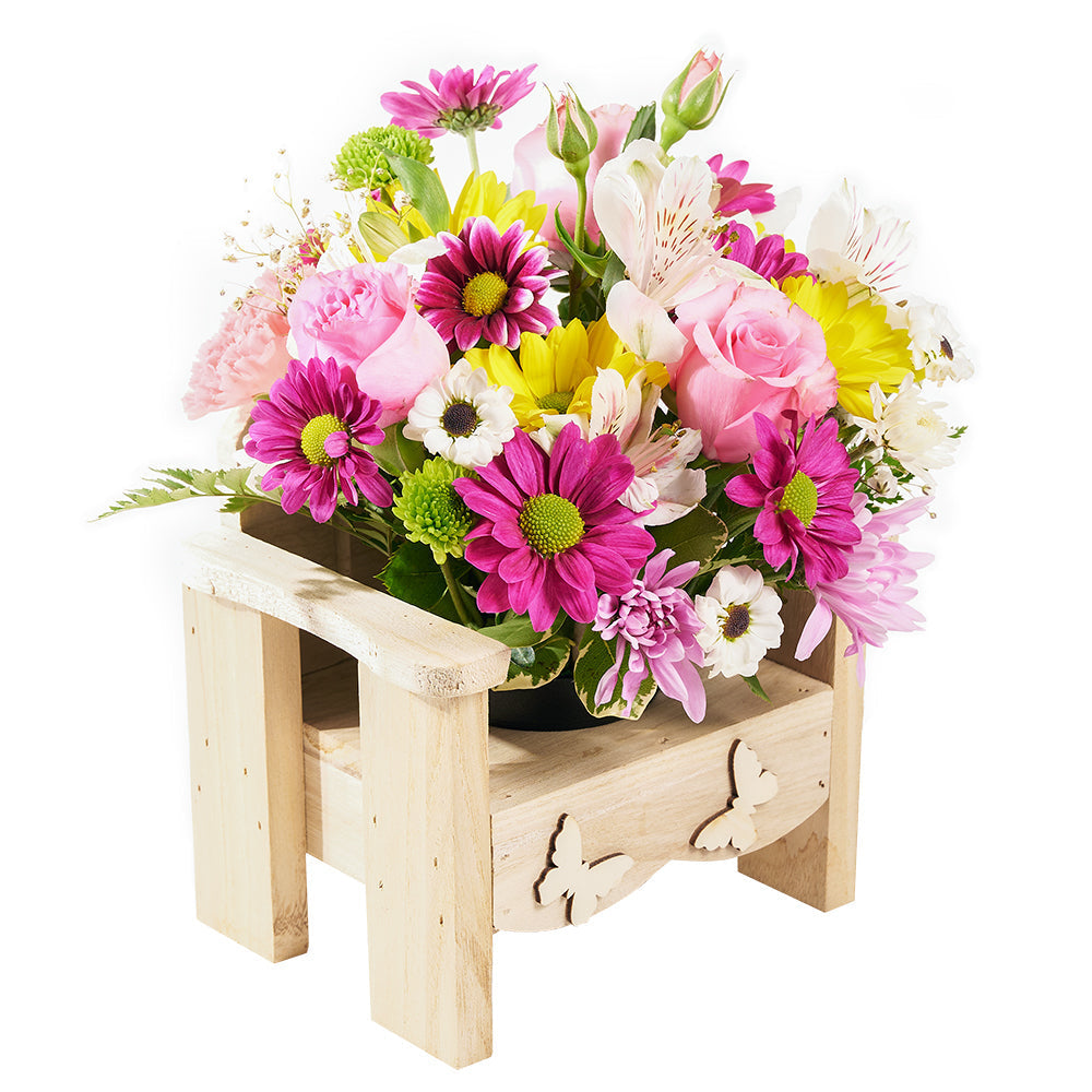 Classic Roses and Alstroemeria Mixed Arrangement in Planter Chair – how the gift is presented